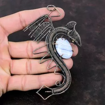Синий Кружевной Агат Кулон Медная Проволока Обернутый Кулон Дракон Кулон Медные Ювелирные Изделия Ручной Работы Совершенно Новый Кулон Ювелирные Изделия Из Драгоценных Камней Свадебные Подарки