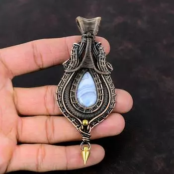 Синий кружевной агат, кулон с драгоценным камнем, медная проволока, кулон, кулон ручной работы, медный ювелирный дизайнер, кулон, подарок на годовщину, женский кулон