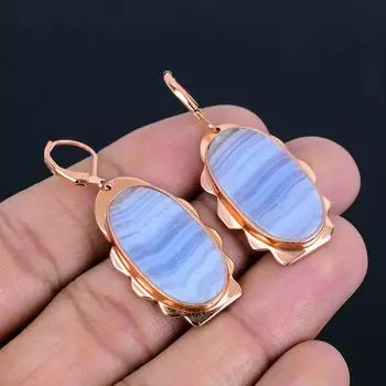 Синий кружевной агатовый драгоценный камень ручной работы медные ювелирные изделия удивительные серьги для женщин 1.89 Inches синий