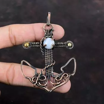 Синий кружевной агатовый кулон, медная проволока, кулон, ручная работа, ювелирные изделия, кулон с драгоценным камнем, медный ювелирный подарок для женщин, подвеска с якорем