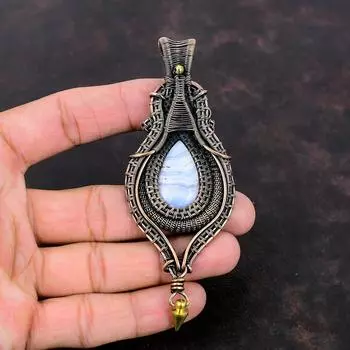 Синий кружевной агатовый кулон, медная проволока, кулон, кулон ручной работы, драгоценный камень, медные украшения, стильный кулон, проволочная пленка, ювелирный подарок для нее