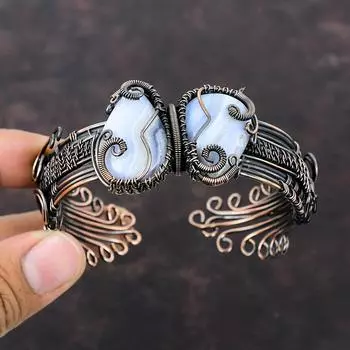 Синий кружевной агатовый медный браслет-манжета, обмотанный проволокой, регулируемый браслет, ювелирные изделия ручной работы из драгоценных камней, подарок для мамы, изящные ювелирные изделия из медной проволоки