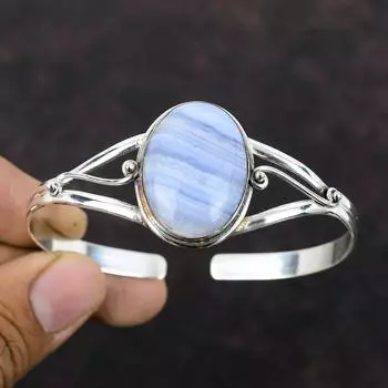 Синий кружевной браслет из агата, браслет-манжета из стерлингового серебра 925 пробы, браслет-манжета высшего качества, браслет из драгоценных камней, регулируемый браслет, браслет-манжета ручной работы, подарок для мамы