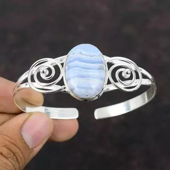 Синий кружевной браслет-манжета из агата, браслет из натурального драгоценного камня, браслет ручной работы, браслет из стерлингового серебра 925 пробы, регулируемый браслет-манжета, подарок на помолвку