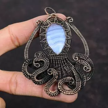 Синий кружевной кулон с агатом, кулон из медной проволоки, уникальный кулон с драгоценным камнем, кулон ручной работы с осьминогом, медная проволока, ювелирный подарок для женщин