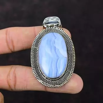 Синий кружевной кулон с агатом, стерлинговое серебро 925 пробы, винтажный кулон, синий кружевной агат, драгоценные камни, ювелирные изделия ручной работы, новый кулон, подарок для нее