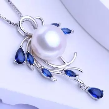 Синий кубический цирконий, натуральный пресноводный ожерелье, жемчужный кулон для женщин, модный жемчужный кулон в виде листа A белый