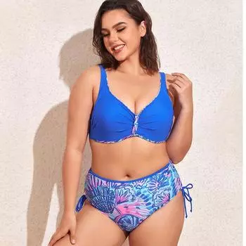 Синий купальник больших размеров с принтом для женщин, комплект бикини из двух предметов, пуш-ап на косточках, купальник с высокой талией, купальный костюм
