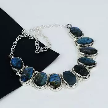 Синий лабрадорит драгоценный камень ручной работы из серебра 925 пробы гальванопластика ожерелье, синий лабрадорит серебро для жены унисекс ожерелье, подарки на день рождения 20 синий