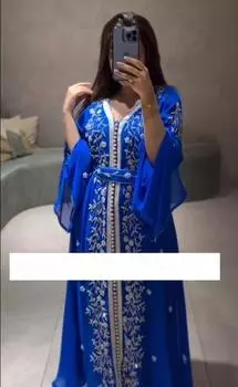 Синий марокканский кафтан Дубай Абая Фараша Платье Необычное длинное платье ручной работы XS синий