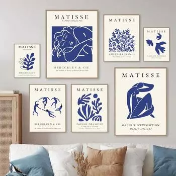 Синий Матисс Абстрактные линии Листья Цветок Голубь Настенная живопись Холст Картина Скандинавские постеры и принты Картины Интерьер Домашний декор 21x30cm No Framed