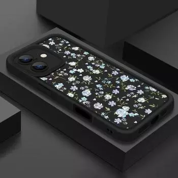 Синий матовый чехол для телефона с цветочным узором для iPhone 16 Pro Max 15 Pro 14 13 12 11 XS XR 8 7 защита линз TPU противоударный мягкий силиконовый бампер чехол iPhone 16E чёрный