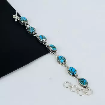 Синий медно-бирюзовый драгоценный камень браслет ручной работы из стерлингового серебра 925 пробы, синий медно-бирюзовый браслет для жены, браслет унисекс, подарок на День отца 8 синий