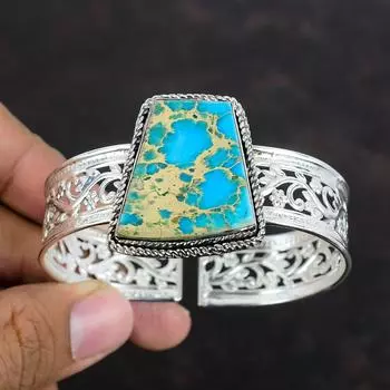 Синий морской осадочный яшмовый драгоценный камень браслет манжета из стерлингового серебра 925 пробы регулируемый браслет ручной работы подарок для женщин серебряные ювелирные изделия