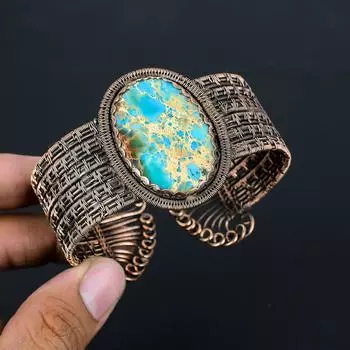 Синий морской осадок, драгоценный камень, чистая медная проволока, завернутая в манжету/браслет ручной работы, регулируемые ювелирные изделия Adjustable синий