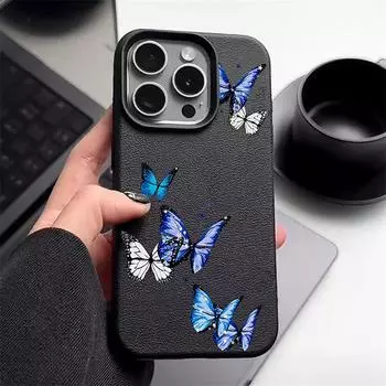 Синий мягкий чехол TPU с рисунком бабочки для iPhone 16 15 14 Pro 13 12 Pro Max 11 с текстурой кожи, ударопрочный, однотонный, тонкий, противоударный, матовый чехол iPhone 16 чёрный