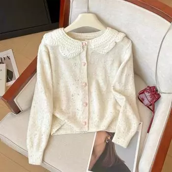 Синий мягкий восковой кукольный воротник с длинными рукавами, женский свитер, который носят осенью и зимой, небольшой свежий и милый кардиган, вязаный топ S