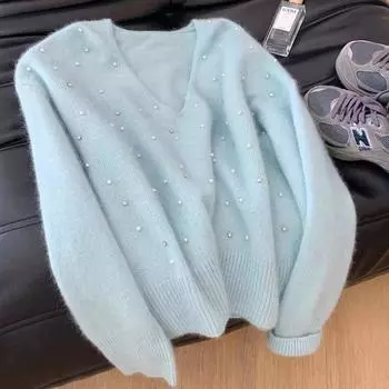 Синий мягкий восковой свитер с V-образным вырезом и длинными рукавами, женский осенне-зимний новый ленивый свободный топ с бисером и ромбами one size fits all синий
