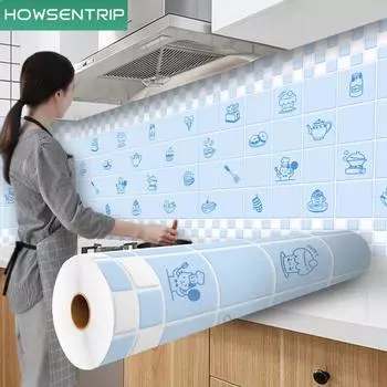 Синий мультяшный кухонный маслостойкий стикер, водостойкие самоклеящиеся, термостойкие обои, вытяжка для шкафа, огнестойкая настенная наклейка 40x100cm