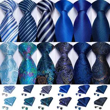 Синий мужской галстук в цветочную полоску, новинка, мужской галстук, носовой платок, запонки, набор для свадьбы, деловой вечеринки 337