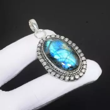 Синий огненный лабрадорит драгоценный камень ручной работы из стерлингового серебра 925 пробы кулон для подарков кулон для нее 2.37 синий