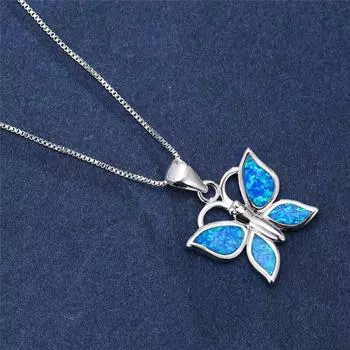 Синий огненный опал милый кулон бабочка камень рождения ожерелья для женщин свадебные украшения винтажная мода 925 серебряное животное ожерелье 45cm