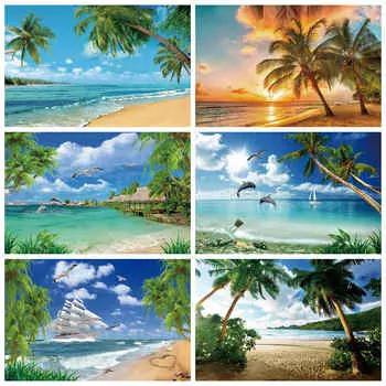 Синий океан пляжный фон закат тропическая пальма волна песок фото фон летние праздники вечеринка реквизит для фотосъемки 150X100cm