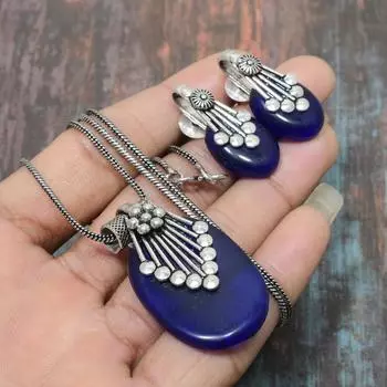 Синий оникс драгоценный камень ручной работы из стерлингового серебра 925 пробы ожерелье + серьги комплект ювелирных изделий синий