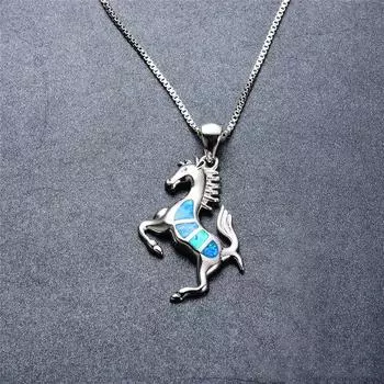 Синий опаловый камень милый маленький кулон в виде лошади ожерелье настоящее 925 стерлингового серебра цепи ожерелья для женщин роскошные животные невесты ювелирные изделия 45cm синий