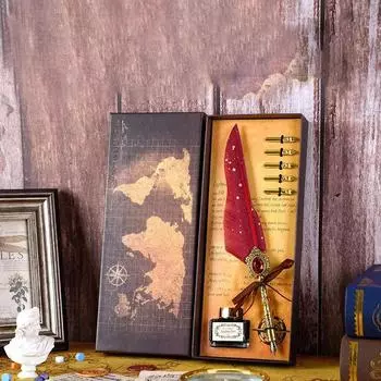 Синий павлин Винтаж Перо Ручка Пламя Подарочный набор Перьевая ручка Dip Dip Pen Set Подарок на день рождения Высококлассный винтажный подарок Драгоценный камень белый