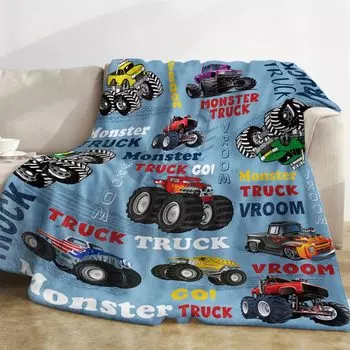 Синий плед Monster Truck Cartoon Cars Flannel Пледы для детей и мальчиков на все времена Трек Кровать Диван Одеяло King Queen Size 70x100cm-XS