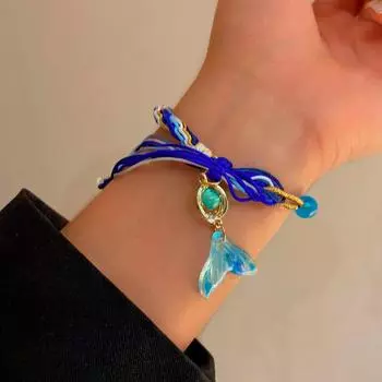 Синий плетеный веревочный браслет «рыбий хвост», модный кулон «рыбий хвост», браслет с кисточками, женственный темперамент, регулируемый подарок на вечеринку