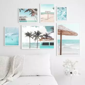 Синий пляжный фургон для серфинга, тропические скандинавские постеры и принты, настенное искусство, холст, картины, настенные панно для гостиной, клуба, декор стен 21x30cm No Framed