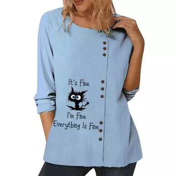 Синий повседневный женский топ с индивидуальными принтами, круглым вырезом, длинными рукавами и пуговицами, размеры S-5XL S