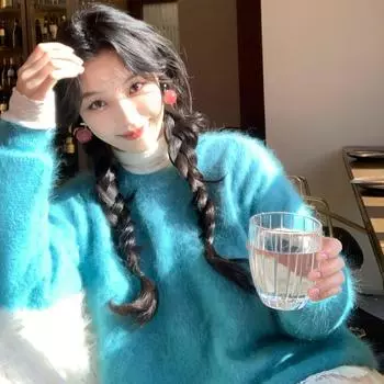 Синий пуловер из норки, женский зимний, утолщенный, мягкий, вощеный, молочный, фуфу, свободный, ленивый, ветреный, пушистый, вязаный свитер S recommends 85-47.5 kg синий