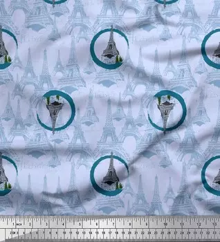 Синий японский креп-сатин Soimoi, архитектурная ткань из кедра и Эйфелевой башни с принтом на метр, 42 дюйма 42 Inch Wide - Poly Crepe синий