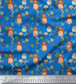 Синий японский креп-сатин Soimoi, плюшевый мишка и листья, детская ткань с принтом по метрам, 42 дюйма 42 Inch Wide - Cotton Voile синий