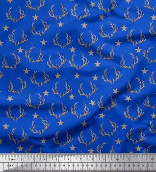 Синий японский креп-сатин Soimoi с принтом на ткани с рогами и звездами, 42 дюйма по метрам 42 Inch Wide - Poly Crepe синий