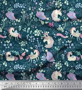 Синий японский креп-сатин Soimoi, ткань с единорогом и цветочным декором, ткань с принтом, 42 дюйма 42 Inch Wide - Poly Crepe синий