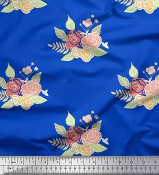 Синий японский креп-сатин Soimoi, ткань с акварельным принтом цветов и листьев, 42 дюйма по метрам 42 Inch Wide - Poly Crepe синий