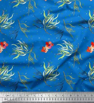 Синий японский креп-сатин Soimoi, ткань с акварельным принтом цветов и листьев, 42 дюйма по метрам 42 Inch Wide - Cotton Voile синий