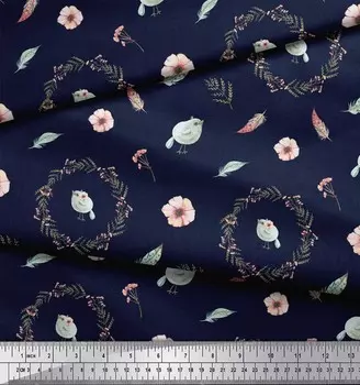 Синий японский креп-сатин Soimoi, ткань с венком и принтом птицы, 42 дюйма по метрам 46 Inch Wide - Rayon Crepe синий