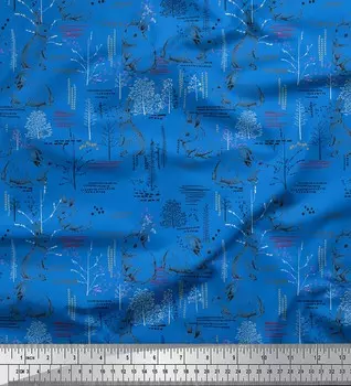 Синий японский креп-сатин Soimoi, ткань с абстрактным принтом и кроликом, 1 метр, 42 дюйма 42 Inch Wide - Poly Crepe синий