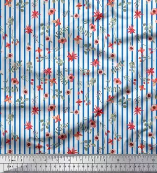 Синий японский креп-сатин Soimoi, ткань с принтом в виде листьев и цветочных полос, 1 метр 42 дюйма 42 Inch Wide - Poly Crepe синий