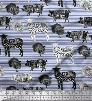 Синий японский креп-сатин Soimoi, трафарет на ткани с изображением коровы и свиньи, животных, принты по метрам, 42 дюйма 42 Inch Wide - Poly Crepe синий