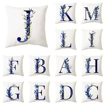 Синий растительный алфавит с принтом, чехол для подушки для дома, гостиной, украшение для дивана, квадратная подушка, чехол для подушки 45x45 см 40X40CM