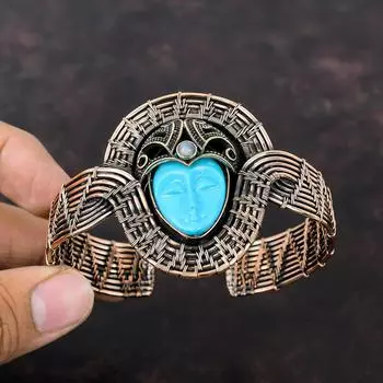 Синий резной браслет-манжета с лицом из кости, регулируемый браслет с медной проволокой, браслет с лунным камнем, подарок на годовщину, ювелирные изделия ручной работы из меди