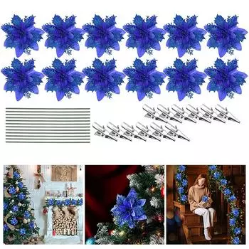 Синий рождественский пуансеттийный букет из 12 штук 5 на 5 дюймов для сверкающего декора