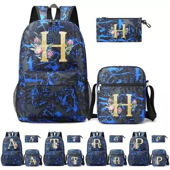 Синий рюкзак из 3 предметов с 26 английскими буквами, рюкзак из 3 предметов, сумка для книг, косплей, холст для мальчиков и девочек, детская школьная сумка, дорожная сумка