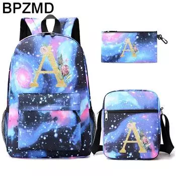 Синий рюкзак из 3 предметов с 26 английскими буквами, холст для косплея для мальчиков и девочек, детский школьный рюкзак, дорожная сумка, сумка для книг в школу